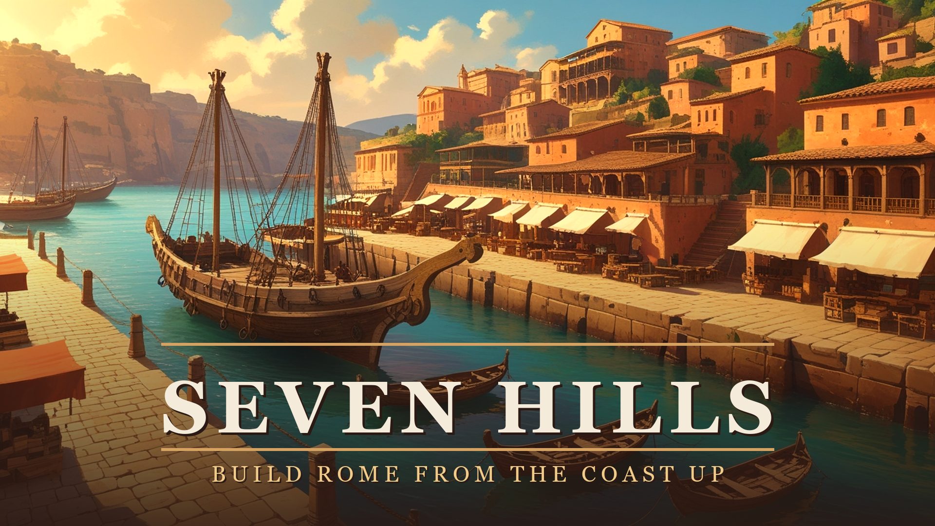 A Roman harbour at golden hour: merchant ships moored along a stone quay beneath a terraced hillside city of tiled roofs and awnings.