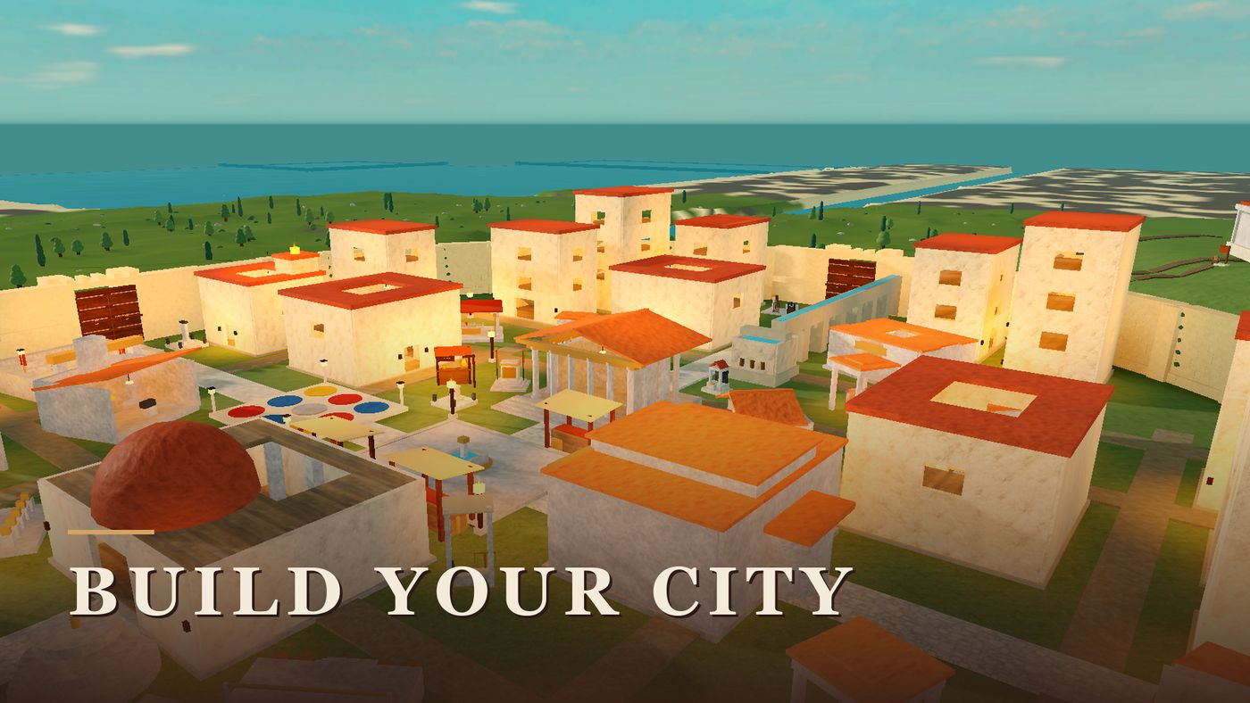 A close view of a growing city block: tiled roofs, a mosaic courtyard, market awnings and a domed structure.