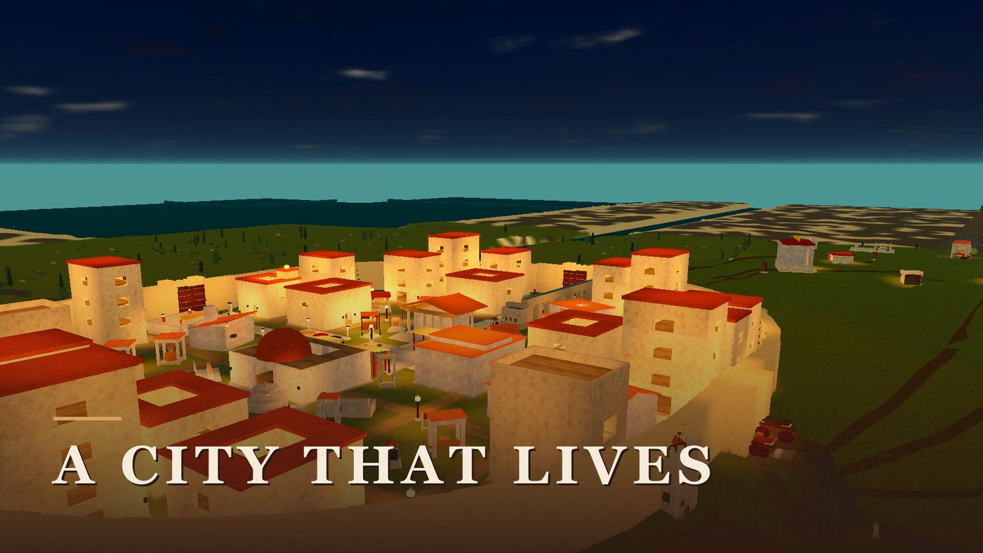 The city at night, its windows and streets lit warm gold against a deep blue sky.