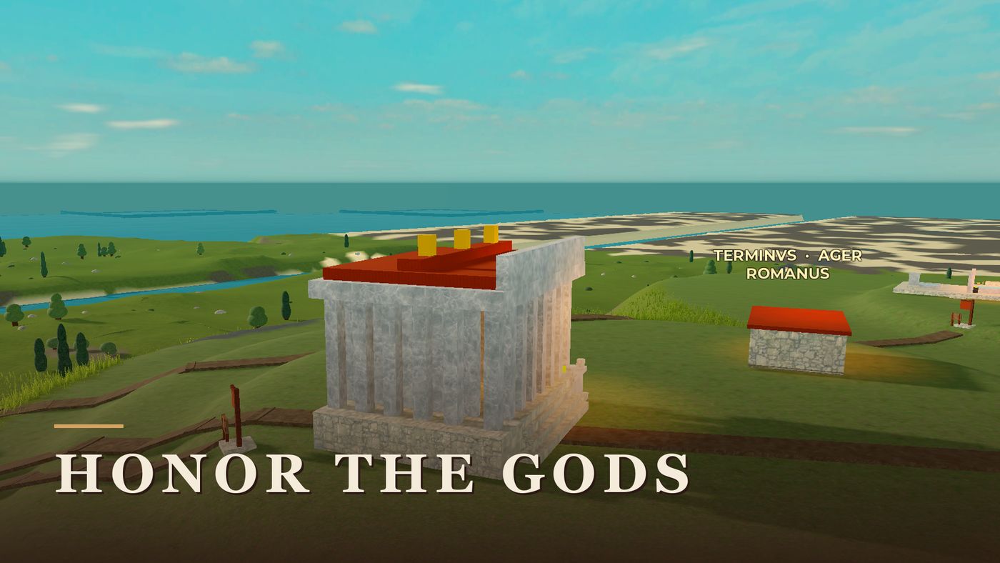 A columned temple standing on a green headland above the sea, with a boundary stone reading TERMINVS AGER ROMANVS.